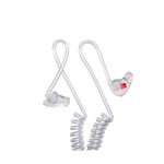 Two clear plastic hearing protection earplugs with coiled clear tubing and a small red logo on one piece, shown on a plain white background.