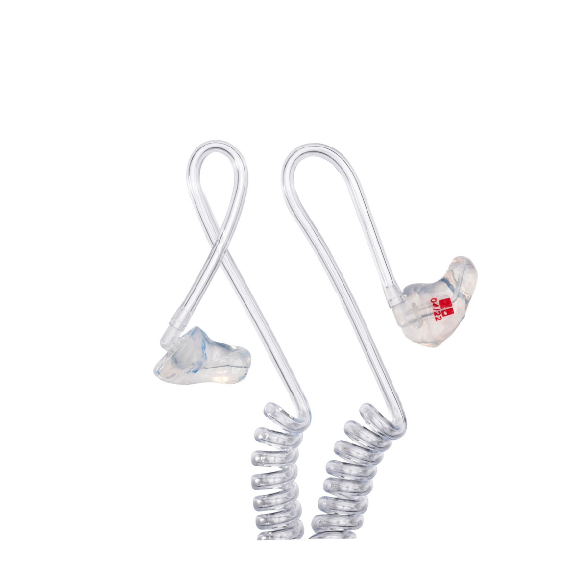 Two clear plastic hearing protection earplugs with coiled clear tubing and a small red logo on one piece, shown on a plain white background.
