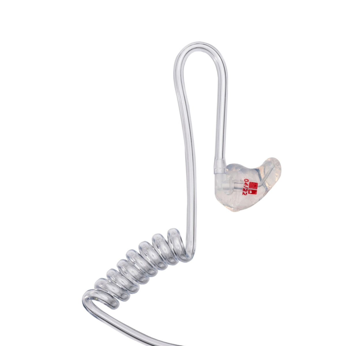 A clear transparent in-ear hearing device with a coiled clear cable, featuring a small red and white logo on the earpiece, shown against a solid white background.