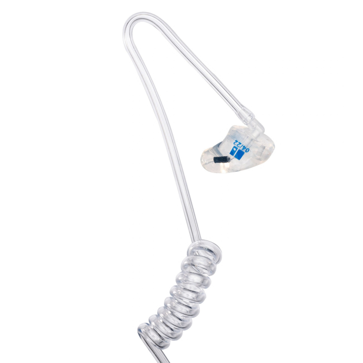 Clear silicone ear plug with a transparent coiled tube and a small blue and white label, shown on a solid white background.