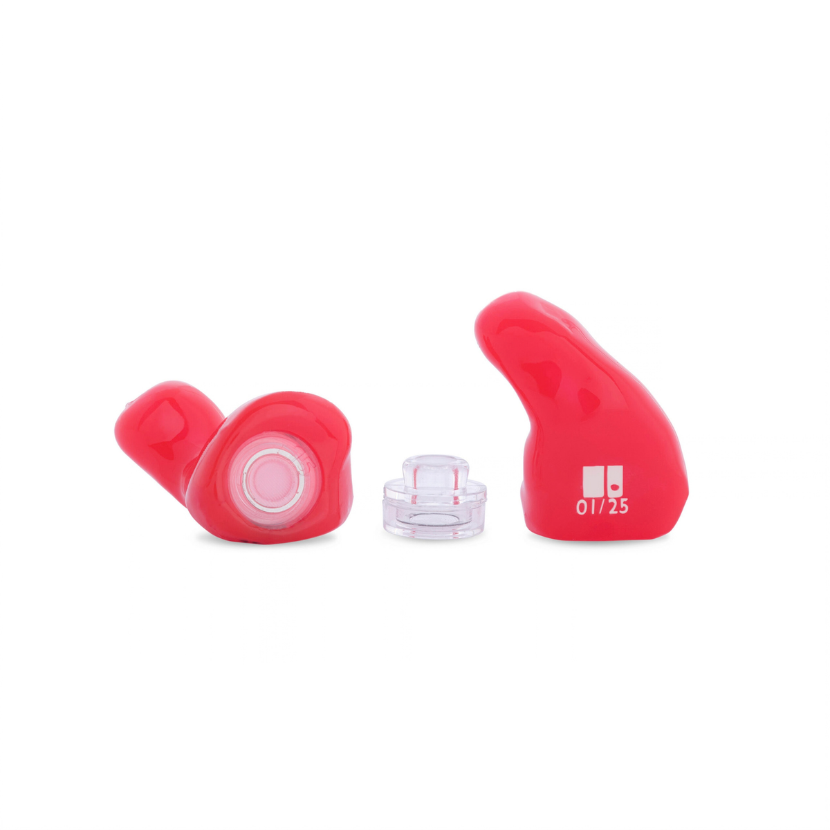 A pair of bright red in-ear earbuds with a small clear protective case in the center, shown on a plain white background.
