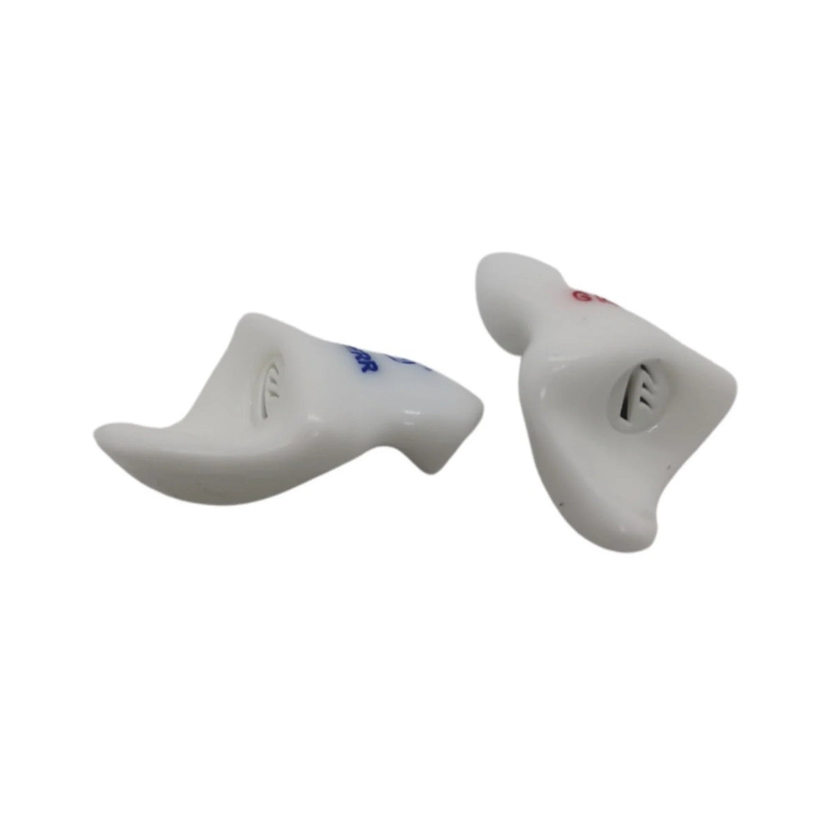 white earplugs with blue and red writing on the side