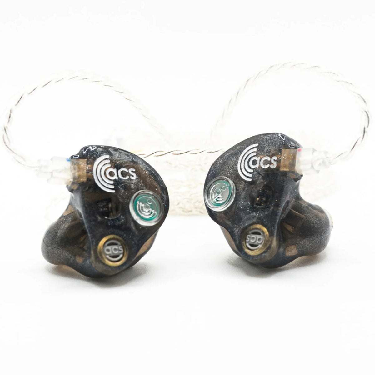 Pair of ACS earbud headphones on a white background
