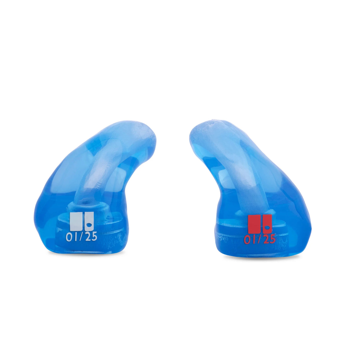 Two blue plastic shapers with measurement markings on a white background