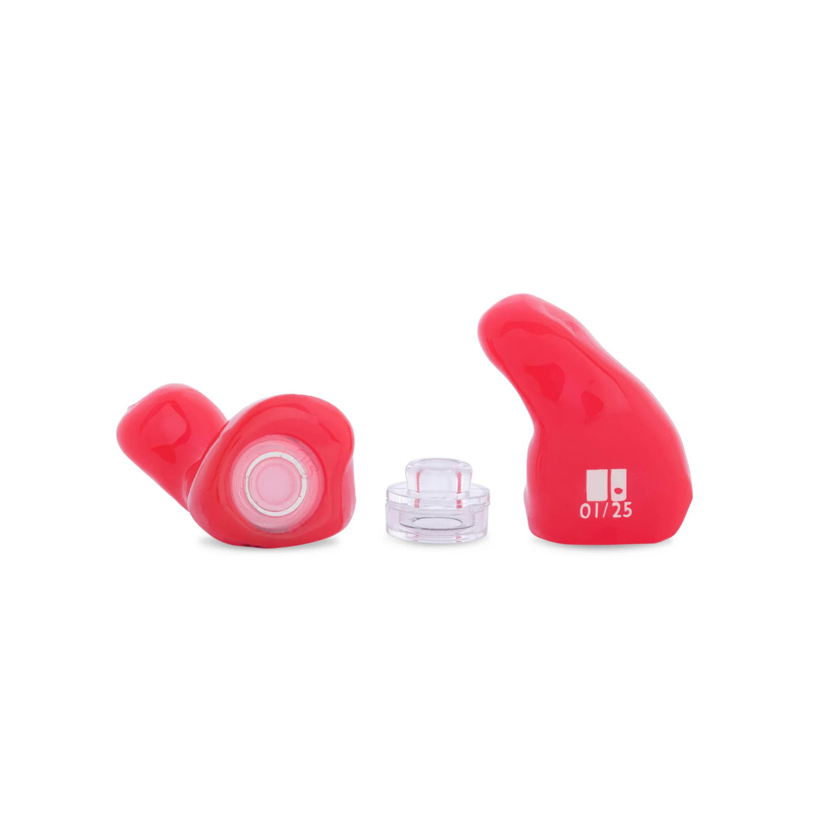 Red earbud with clear cap on a white background