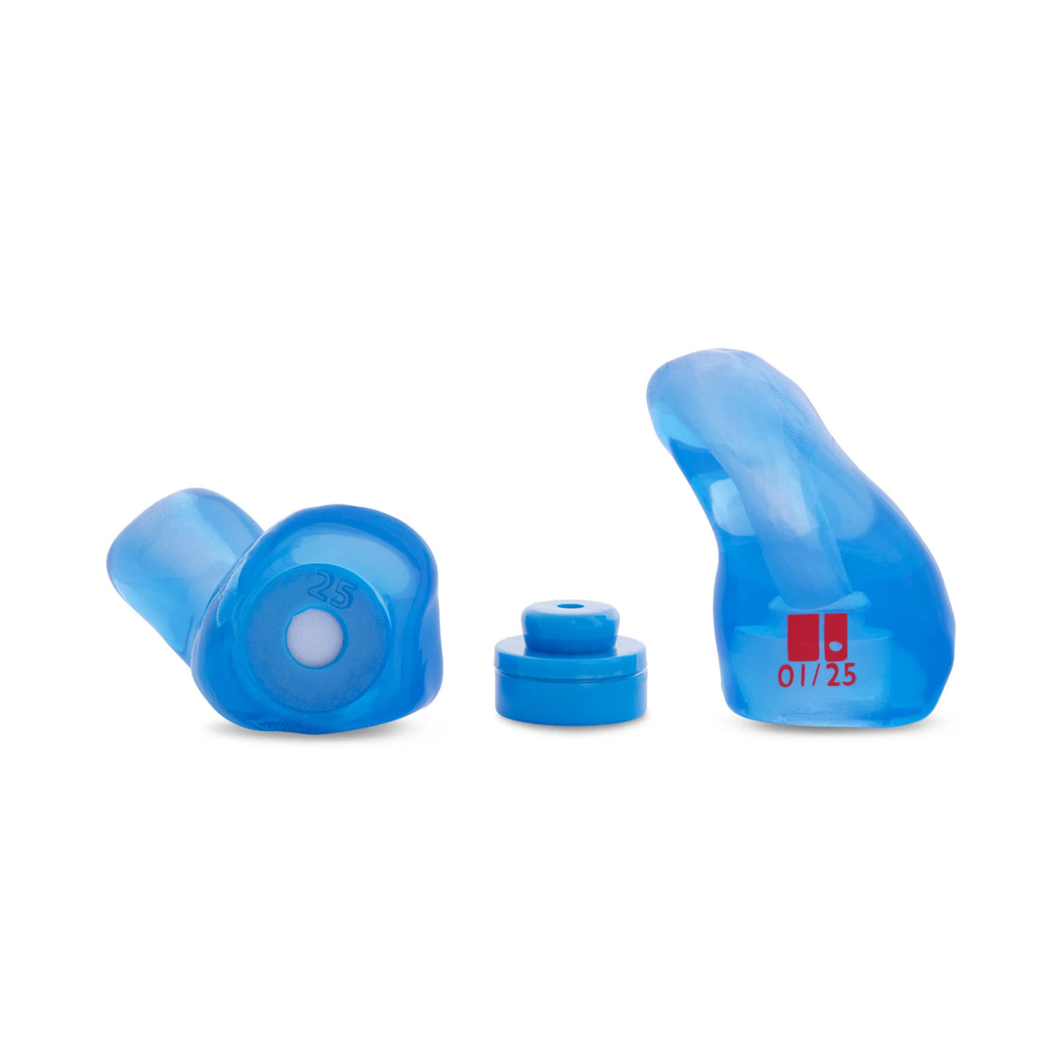 Blue earbud components on a white background