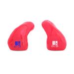 Two red earbud cases with measurement markings on a white background