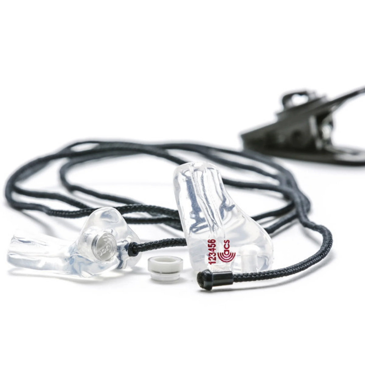Clear earbud headphones with black cables on a white background