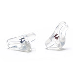 Clear plastic earplugs with serial numbers on a white background