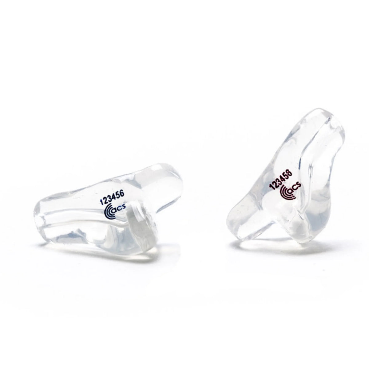 Clear plastic earplugs with serial numbers on a white background
