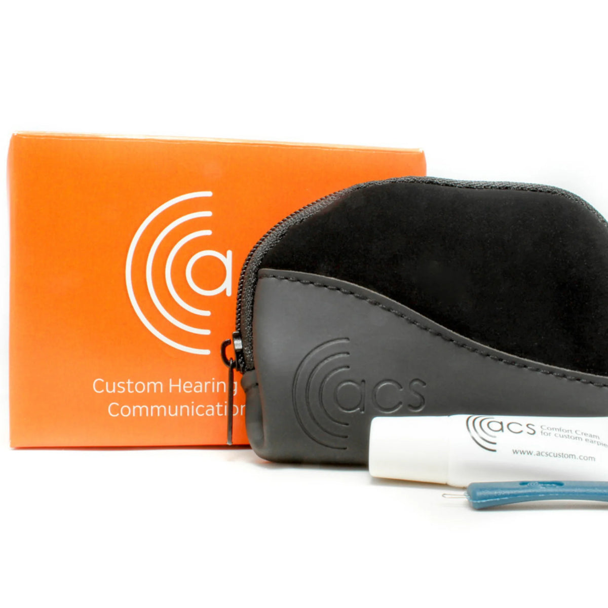 acs custom hearing communication product with black case and orange box on a white background