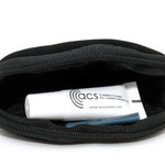 Black zippered pouch containing a tube of ACS Comfort Cream on a white background