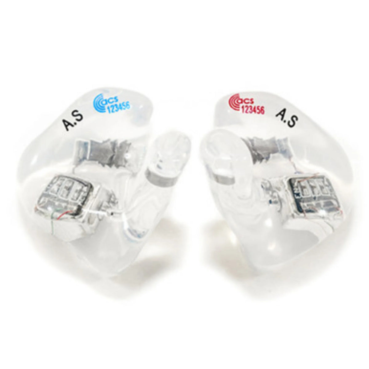Clear plastic earplugs with labels on a white background