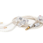 Close-up of earbud headphones with cable on a white background