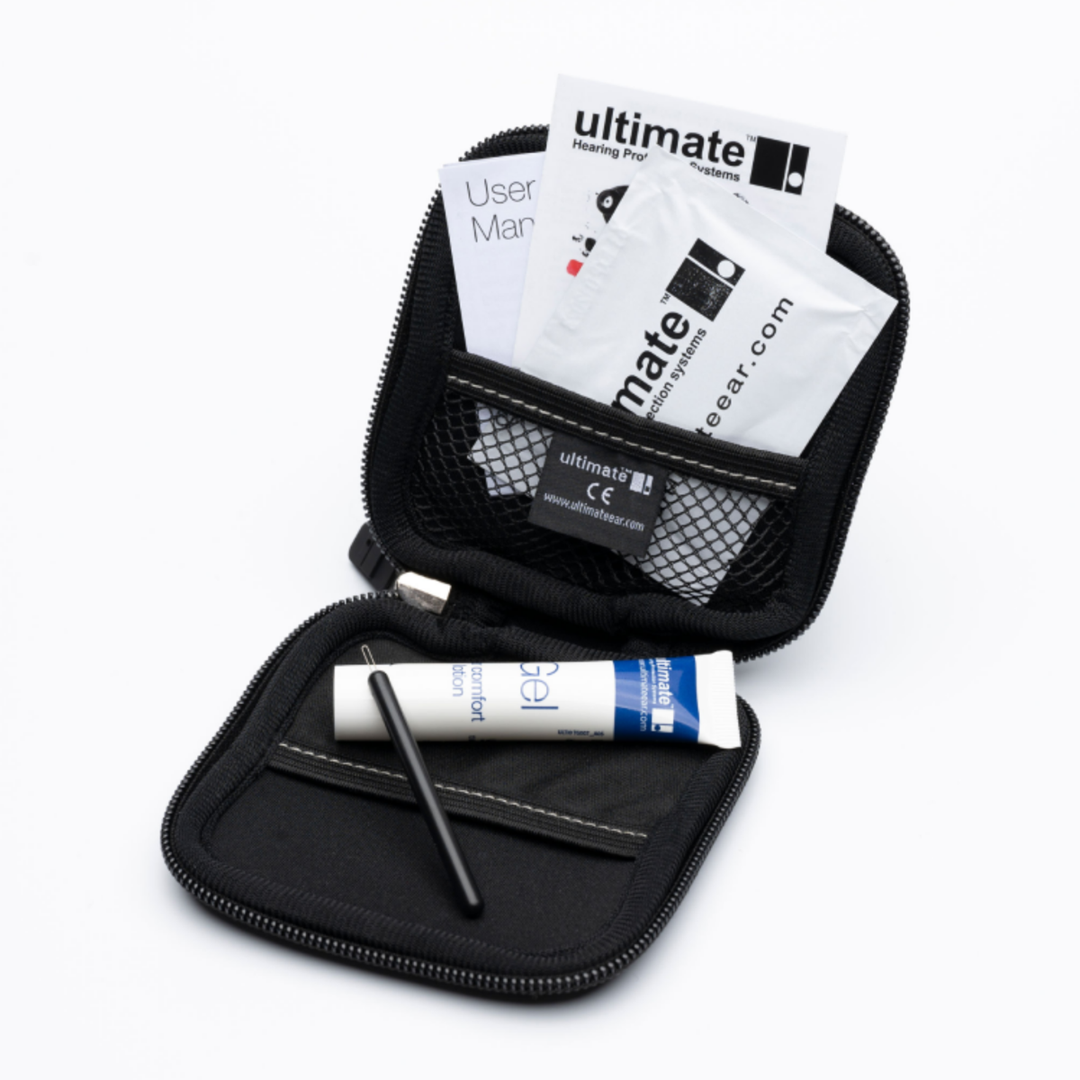 black pocket pouch for earplugs with white cleanign products inside. 