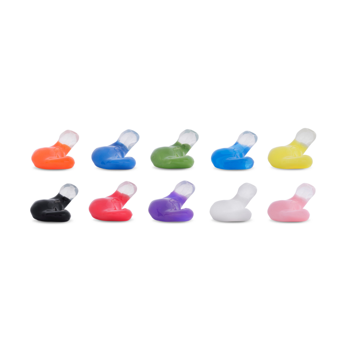 Ten translucent silicone earplugs in assorted colors, arranged in two rows of five on a plain white background.