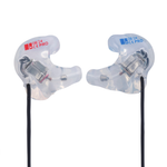 A pair of transparent in-ear monitors with black cables, featuring red and blue '08/24 CE PRO' logos on the ear tips, set against a plain white background.