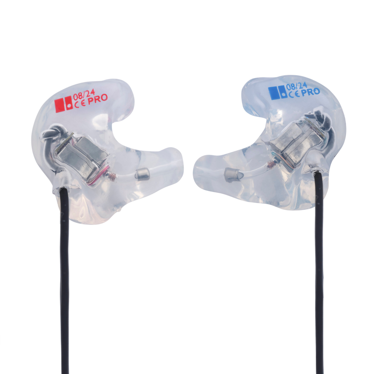A pair of transparent in-ear monitors with black cables, featuring red and blue '08/24 CE PRO' logos on the ear tips, set against a plain white background.