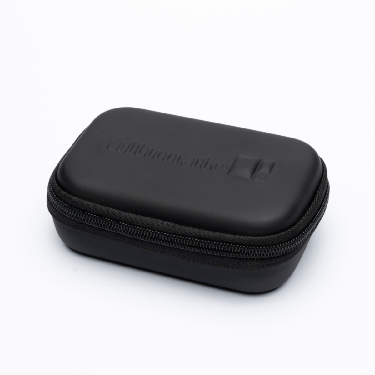 A black zippered hard case with a matte finish and embossed branding, photographed on a clean white background.
