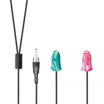Black wired earplugs with two silicone tips in swirled teal and pink colors, shown on a white background with a close-up of the connector.