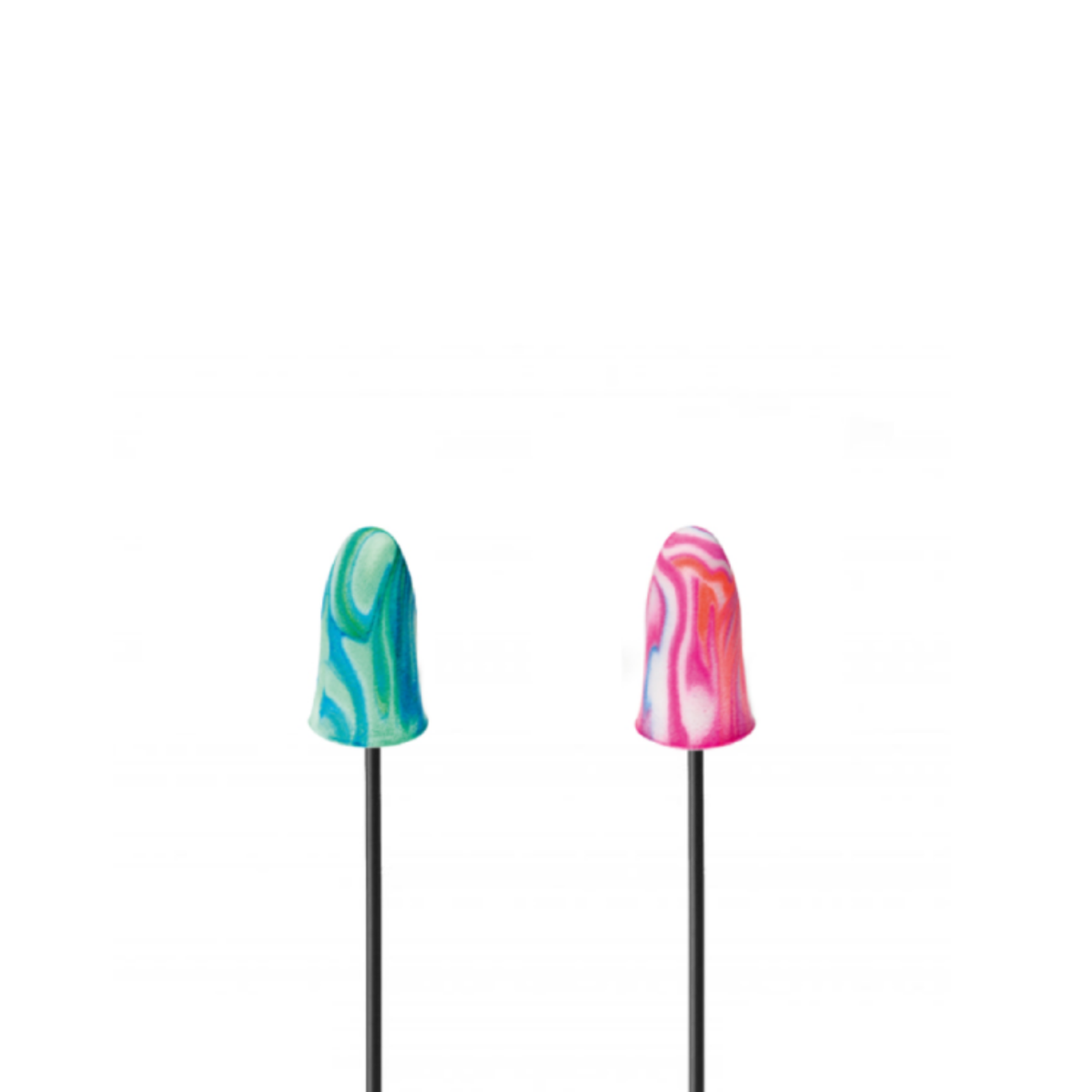 Two silicone earplugs with black stems, featuring a swirled pattern of teal and green on the left, and pink and white on the right, set against a plain white background.