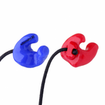 Two glossy ear plugs, one blue and one red, each attached to a black cord, shown on a plain white background. The blue plug has the brand name 'ultimate.