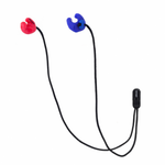 Two-color wireless earbud neckband with red and blue ear hooks connected by a black cord, featuring an inline remote control on a white background.