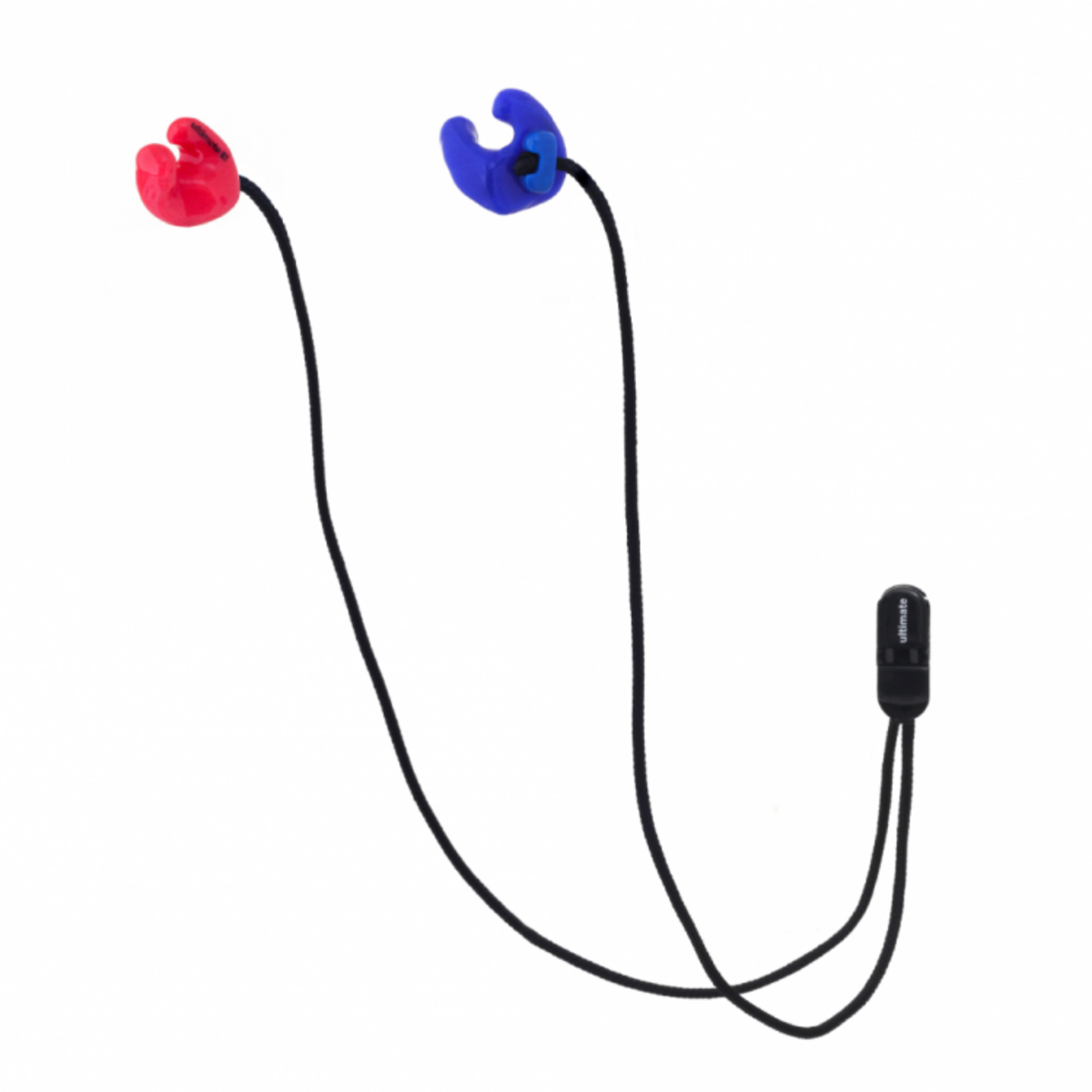 Two-color wireless earbud neckband with red and blue ear hooks connected by a black cord, featuring an inline remote control on a white background.