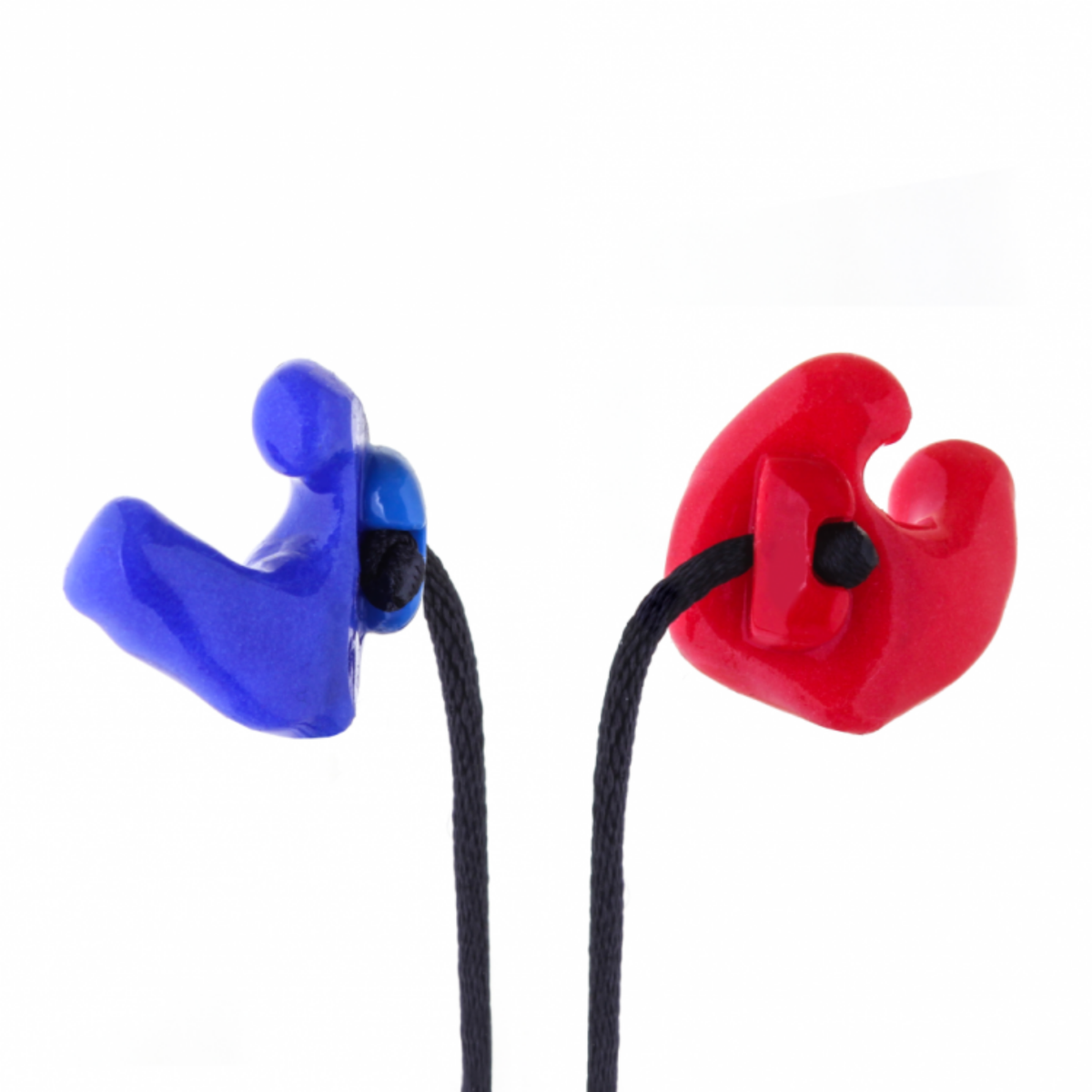 Two ergonomic in-ear earplugs, one translucent blue and one glossy red, each attached to a black cord, shown against a plain white background.