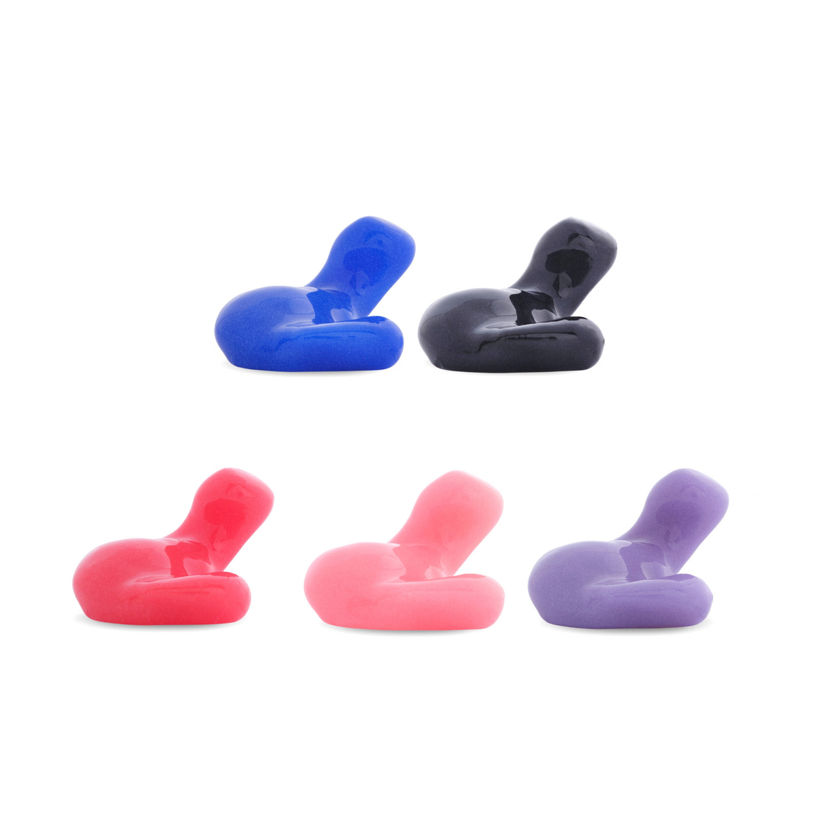Five silicone earplugs in assorted colors, including blue, black, red, pink, and purple, arranged on a plain white background.