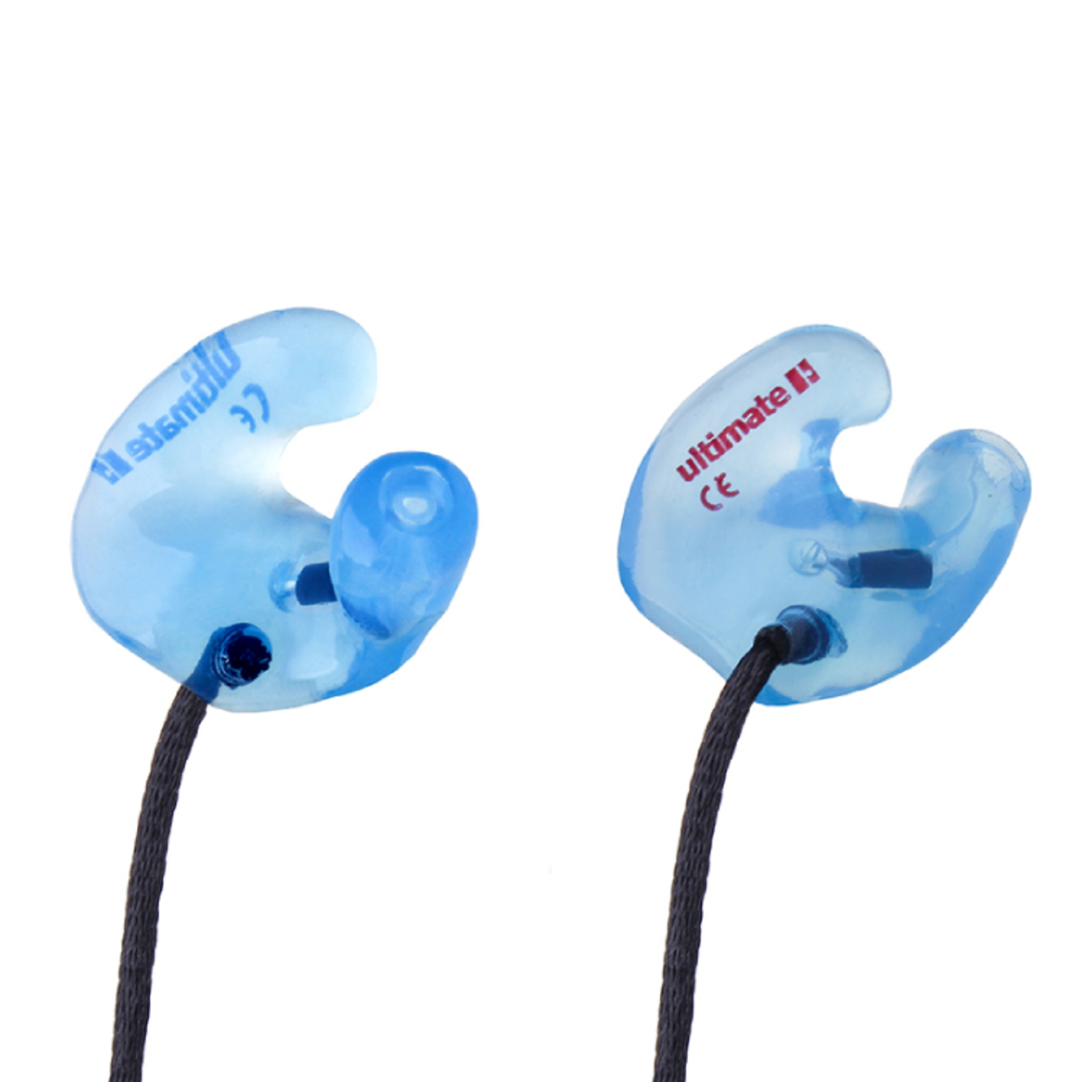 blue earplugs with black cording on whitebackground