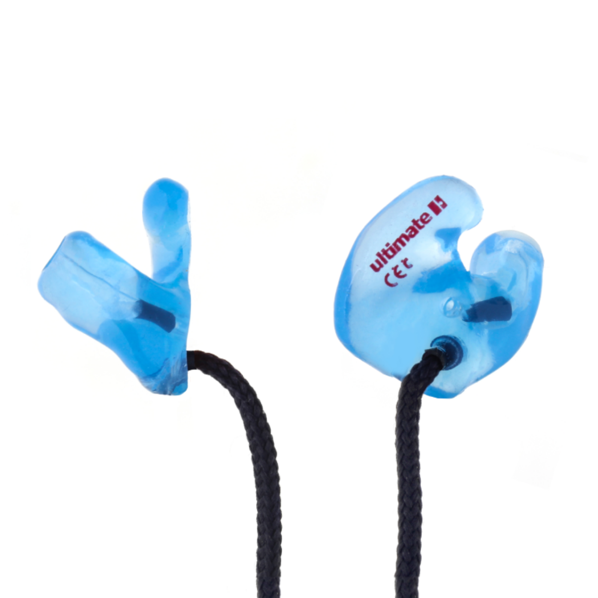 blue earplugs and black cording on white background with ultimate written on it