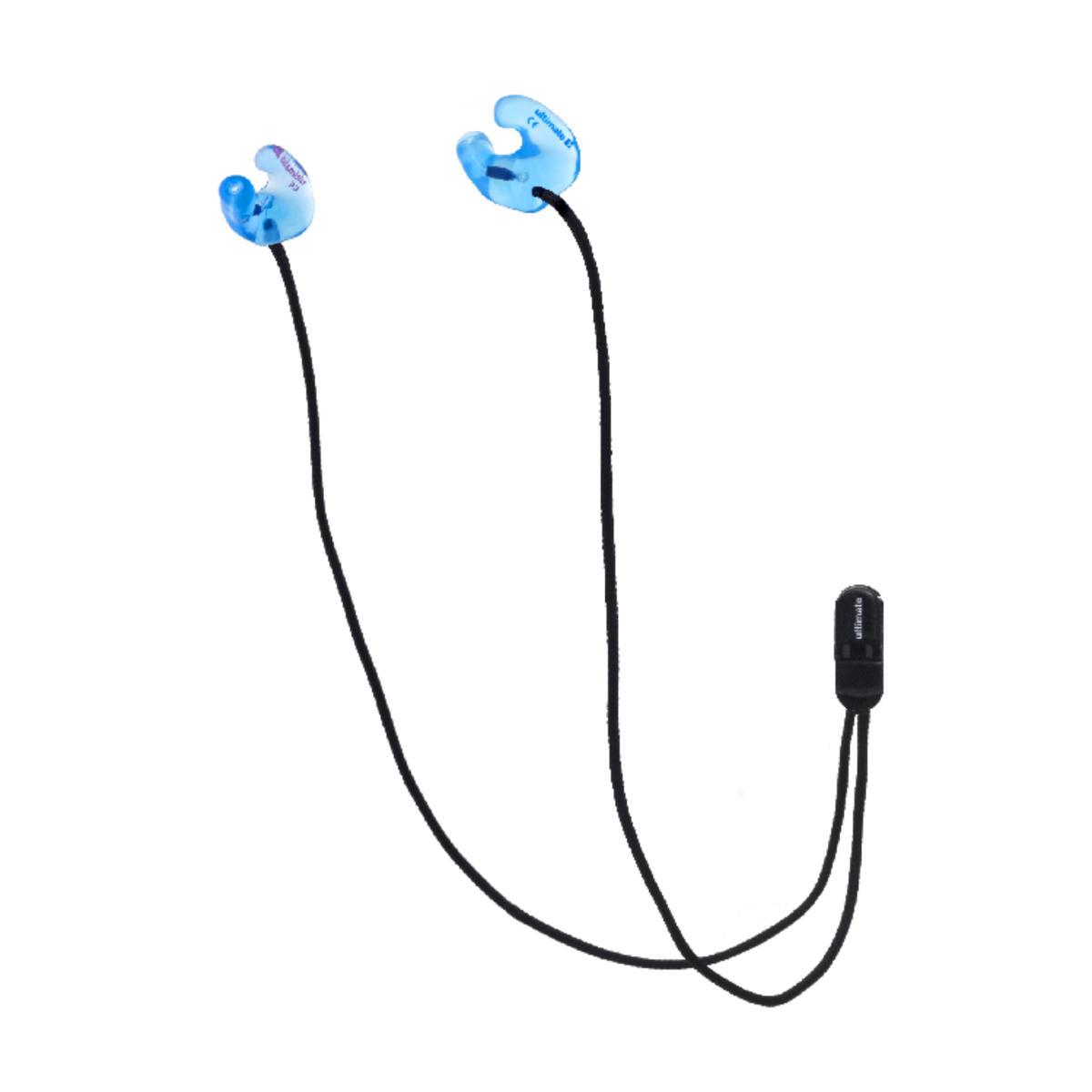 blue earplugs showing long cording on white background