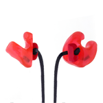Red translucent earplugs with black cords on a plain white background.