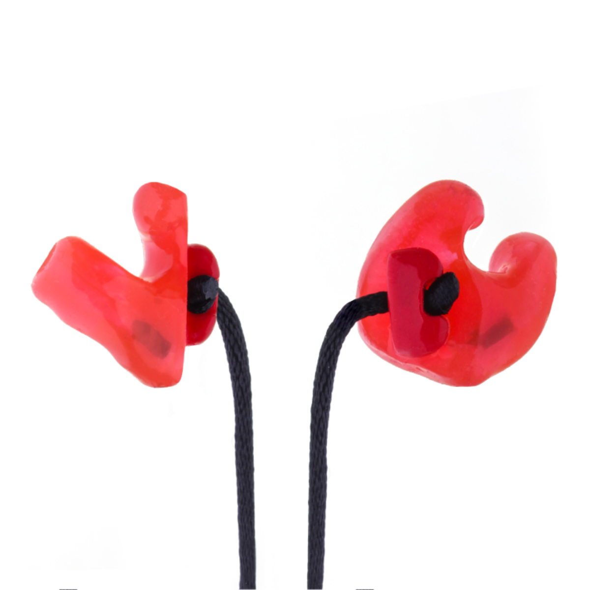 Red translucent earplugs with black cords on a plain white background.