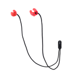 Red and black in-ear wireless earbuds with a connecting black cord and inline remote control, shown on a plain white background.