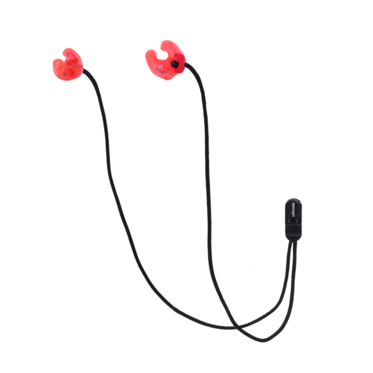 Red and black in-ear wireless earbuds with a connecting black cord and inline remote control, shown on a plain white background.