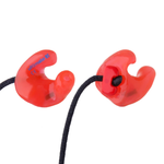 Two translucent red earplugs connected by a black cord on a plain white background.