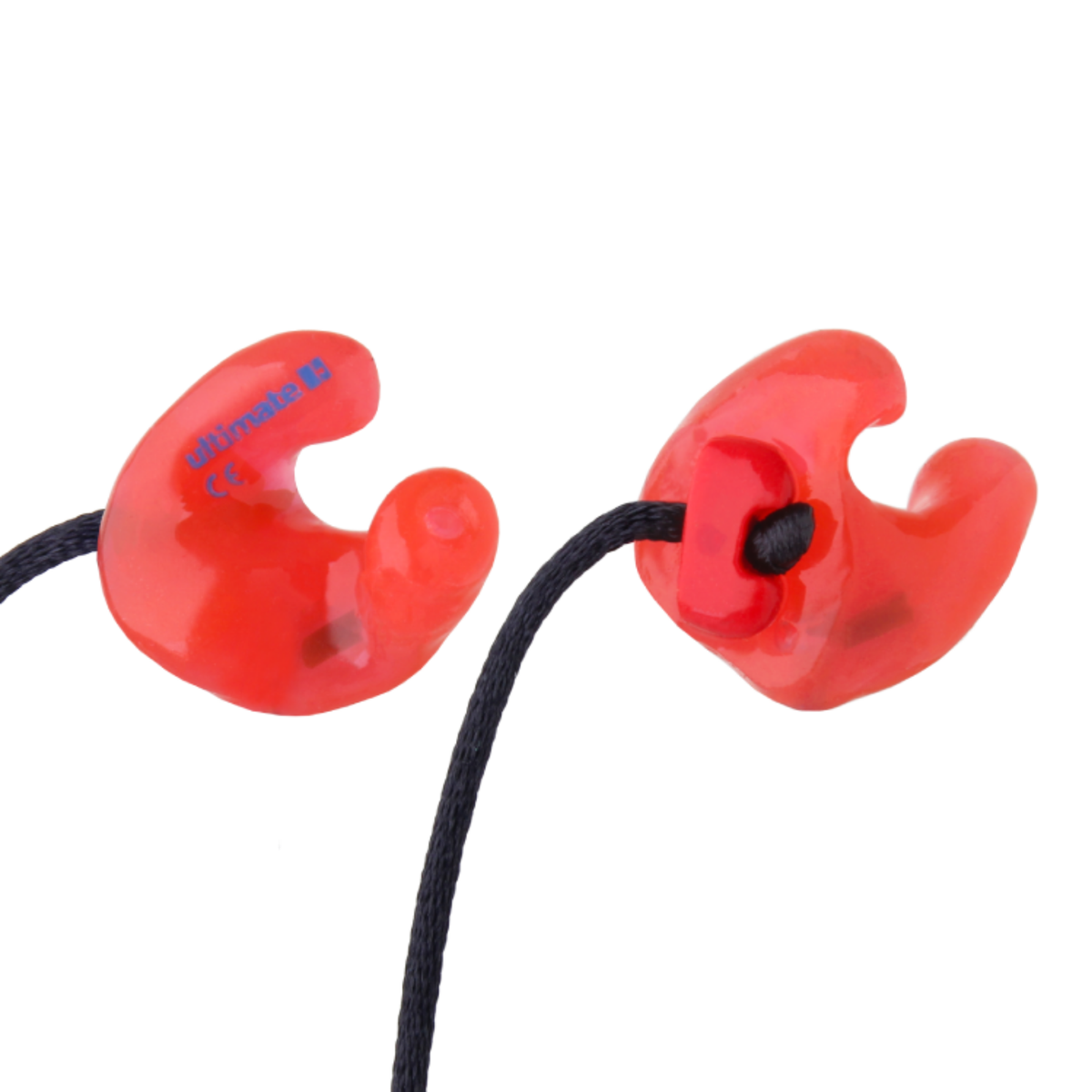 Two translucent red earplugs connected by a black cord on a plain white background.