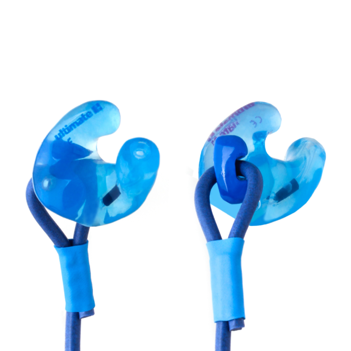 blue earplugs with fixed cording on white background