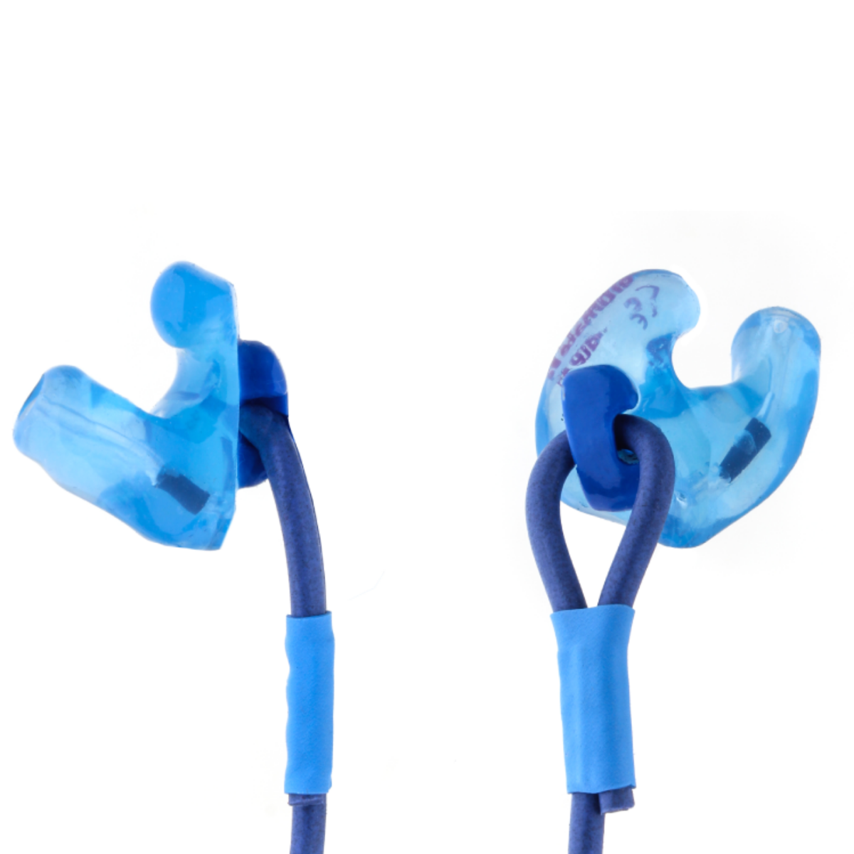 blue earplugs with blue fixed cording.