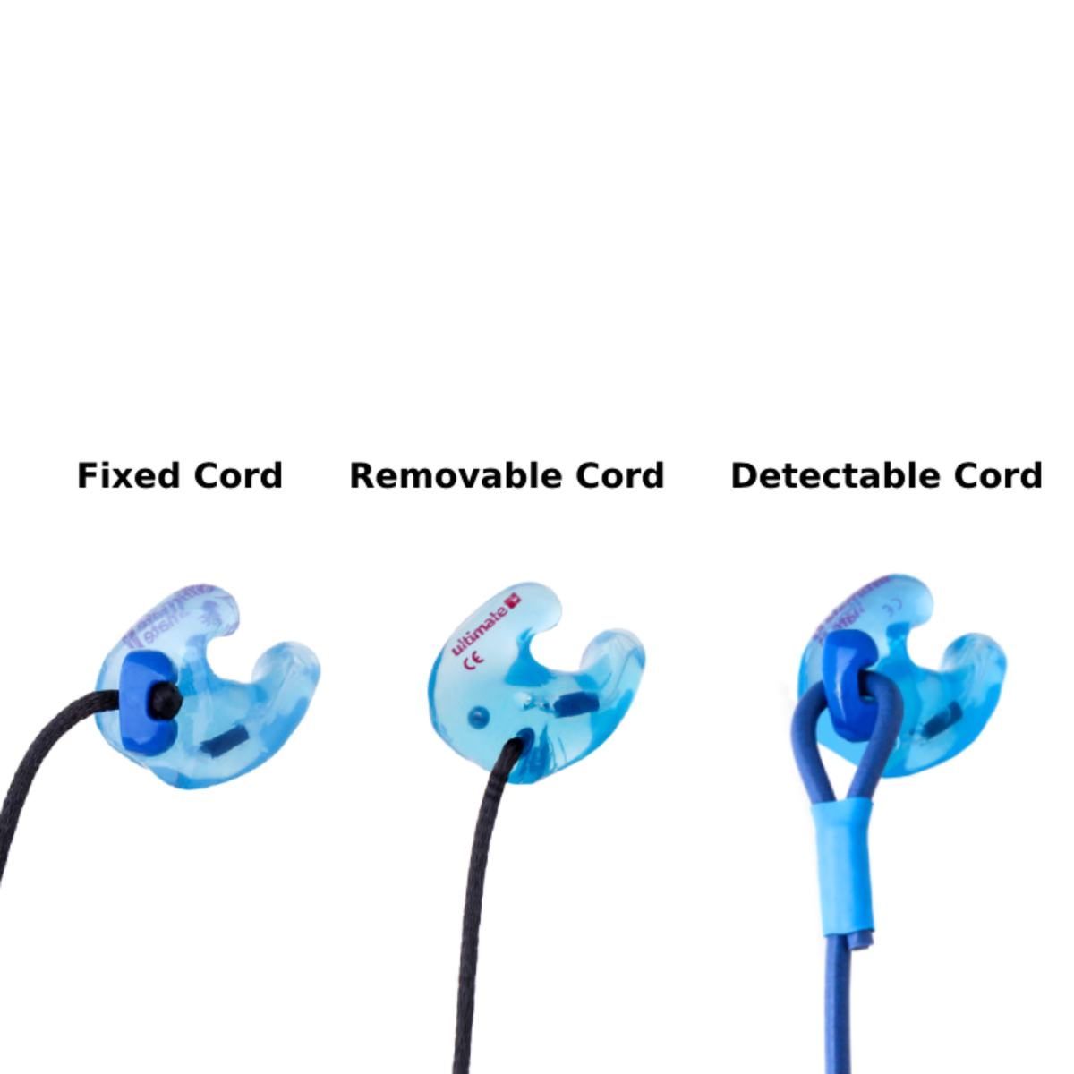three different earplugs in blue. with the words fixed cord, removable cord and detectable cord written above.