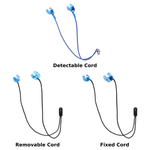 three different earplugs with removable cord, detectable cord and fixed cord.