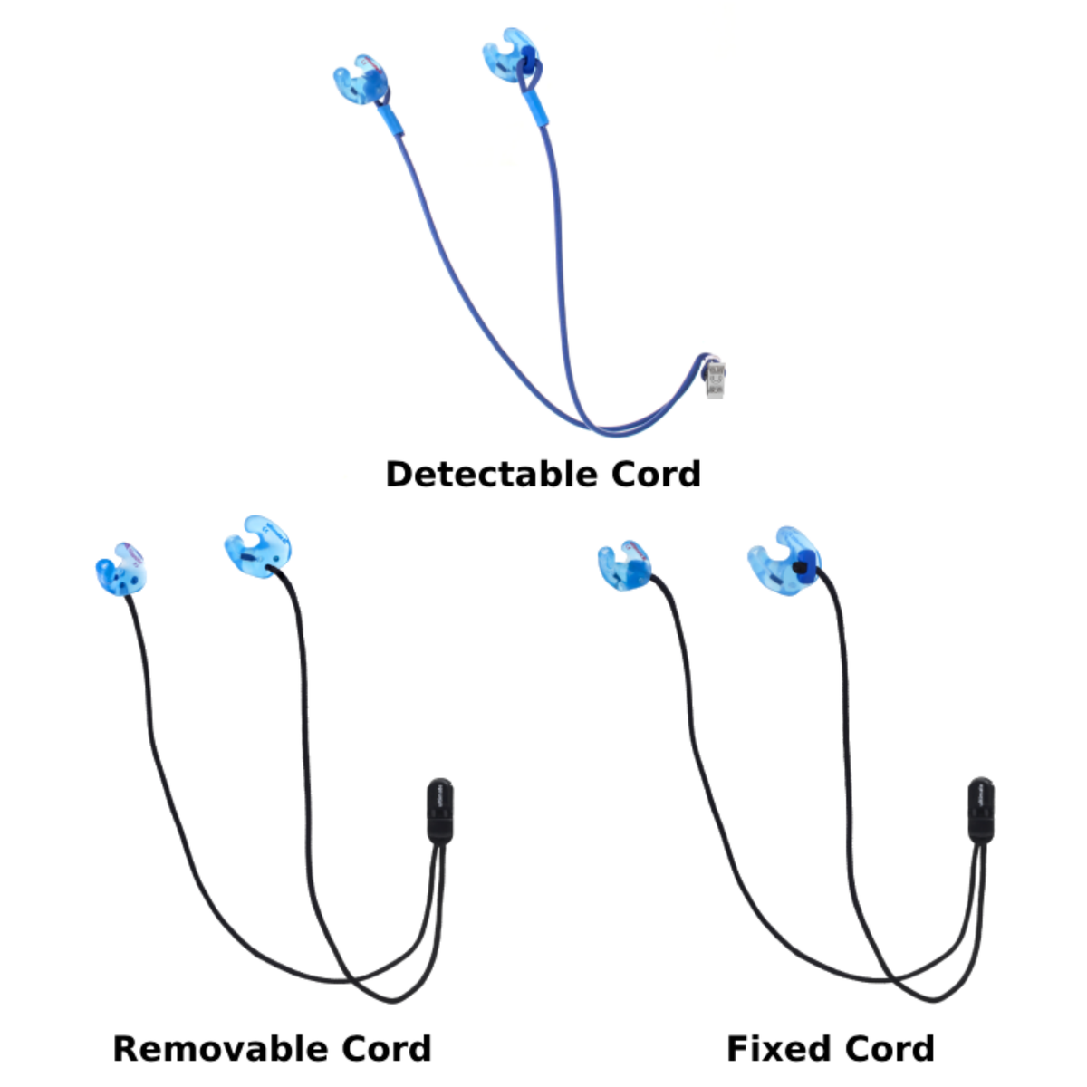 three different earplugs with removable cord, detectable cord and fixed cord.
