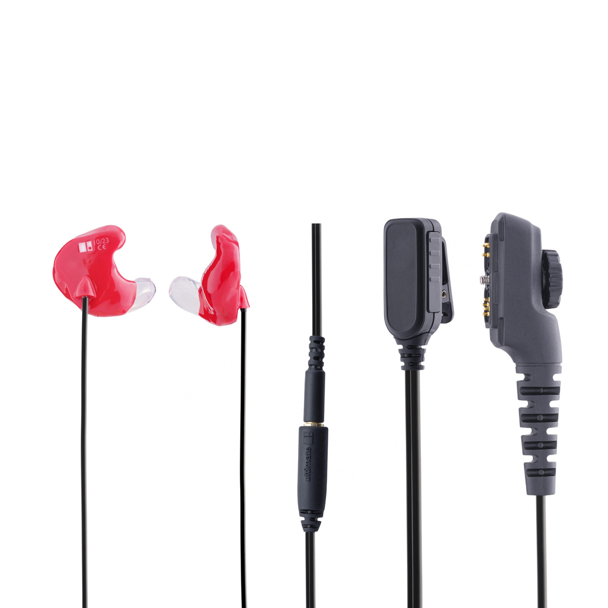 Red earplug with audio cable attached to radio control piece in black.