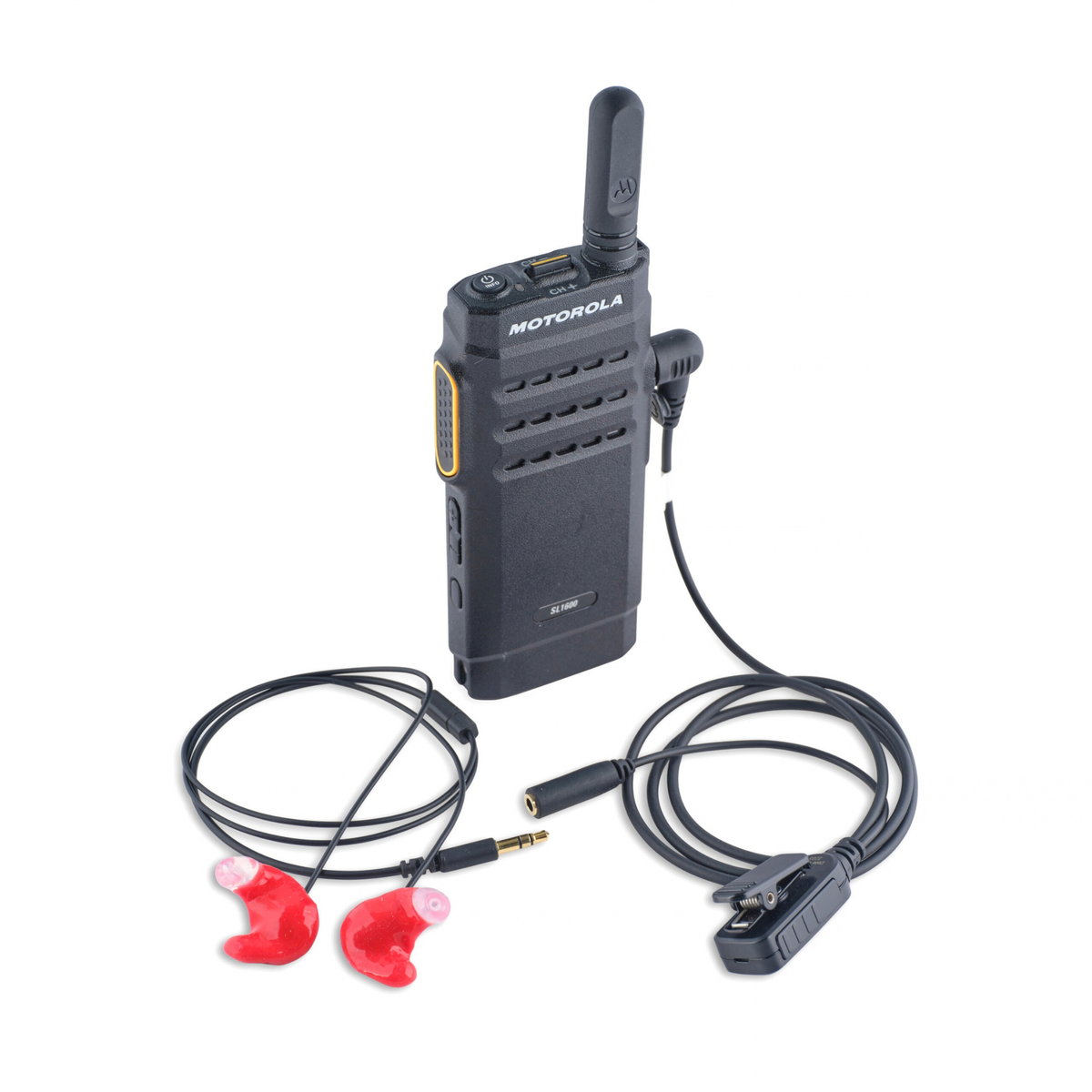 A black Motorola walkie-talkie with an attached antenna, shown with a black audio cable and red in-ear earpieces on a plain white background.