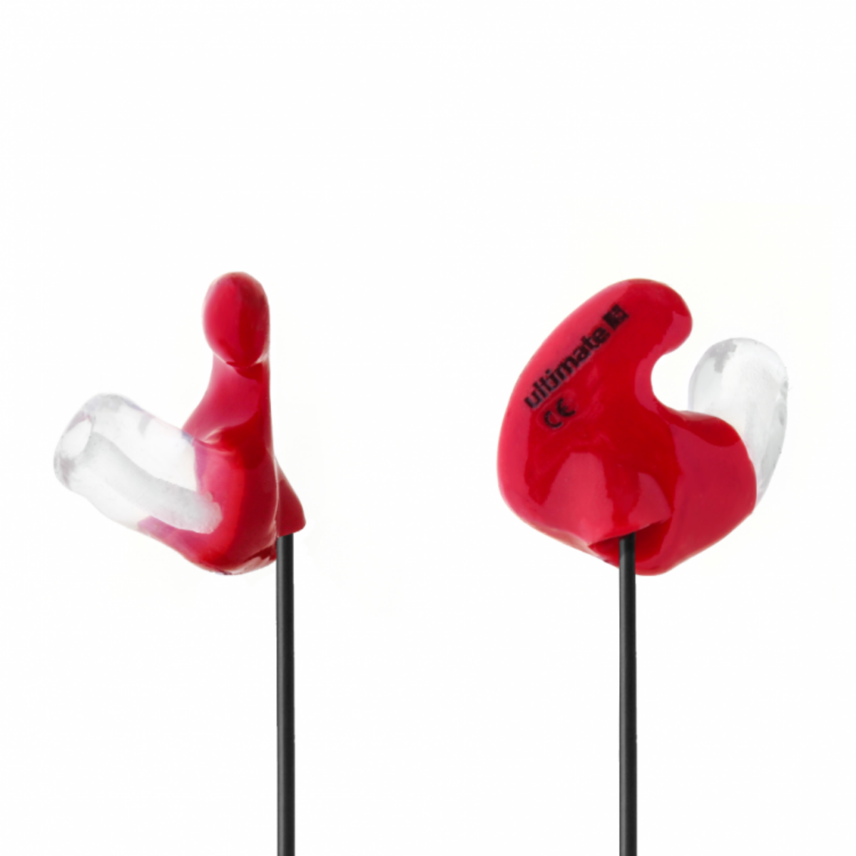 Red and clear wireless earplugs with black cables, shown from both front and side angles on a white background. The brand name 'ultimate' is printed in black on the red earpiece.