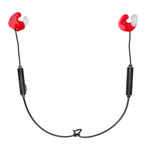 Red and black wired in-ear headphones with a neckband cable and inline remote, shown on a plain white background.