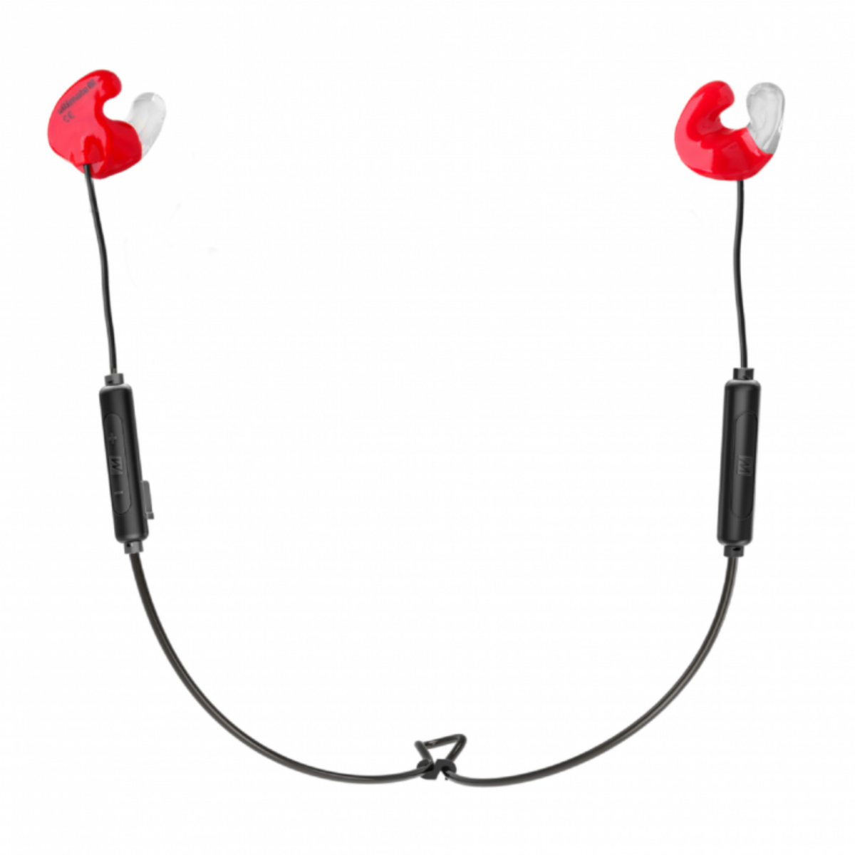 Red and black wired in-ear headphones with a neckband cable and inline remote, shown on a plain white background.