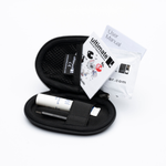 Black carrying case with a handheld device and user manual on a white background